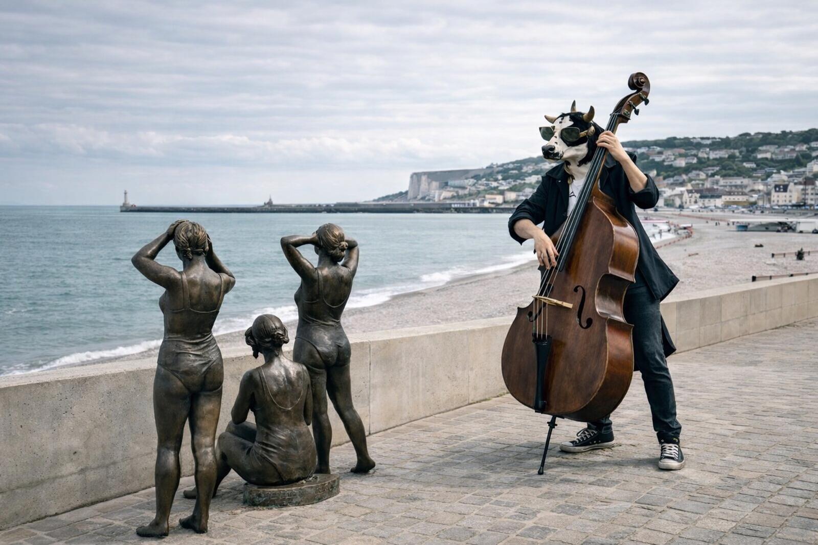 Musician with a cow mask playing a double bass on a beach promenade with statues looking at the sea.